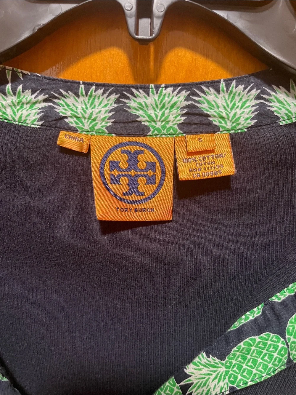Tory Burch Navy Long-Sleeve V-Neck Top with Pineapple Trim